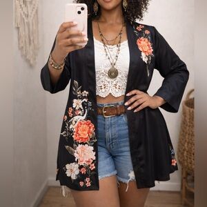 Chico’s Satin Floral Kimono Duster Jacket Crane Print Black Long Robe